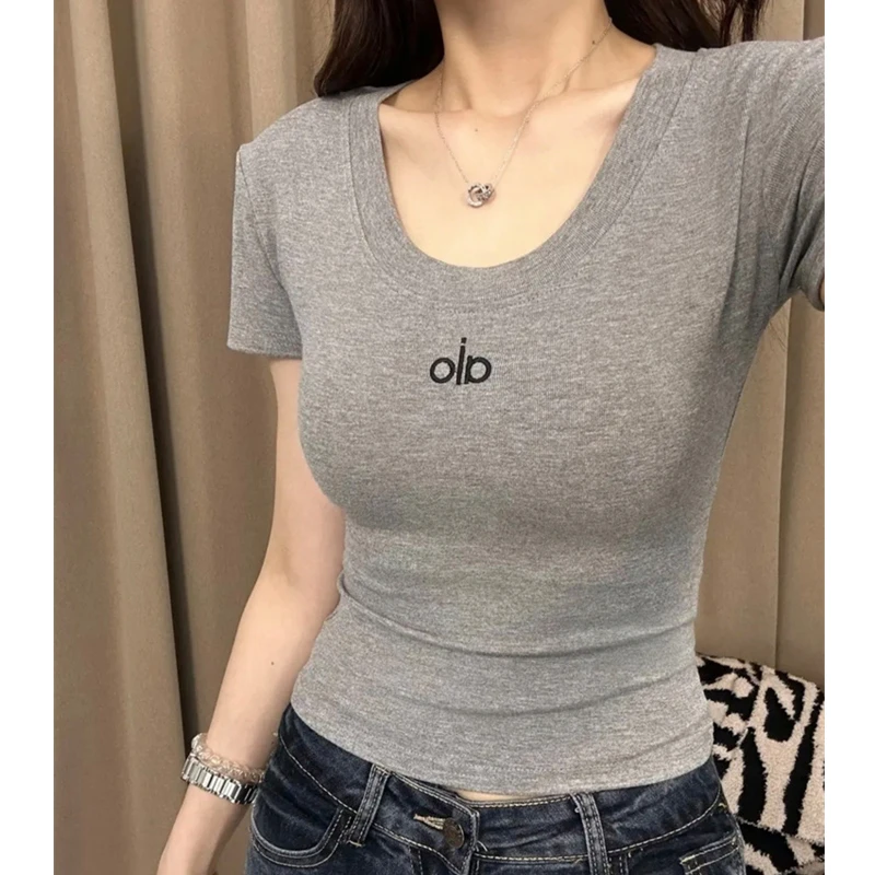 韩版时尚百搭圆领字母刺绣短袖夏季百搭露背T恤女修身显瘦上衣潮