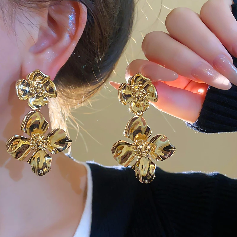 合金耳饰 人间富贵花~高级感金色夸张大气花朵耳环设计感耳钉636