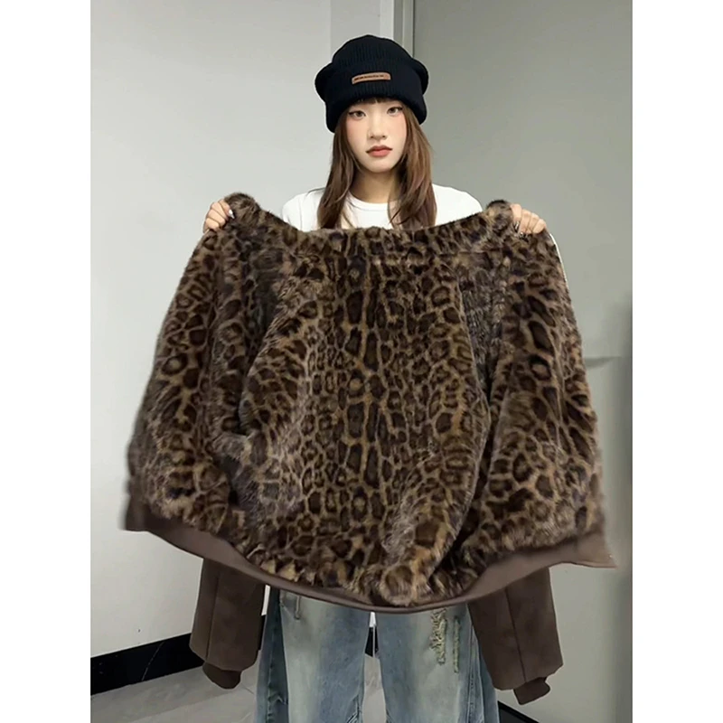 美拉德豹纹双面穿棉服男冬季潮流vintage加绒加厚高级感连帽外套