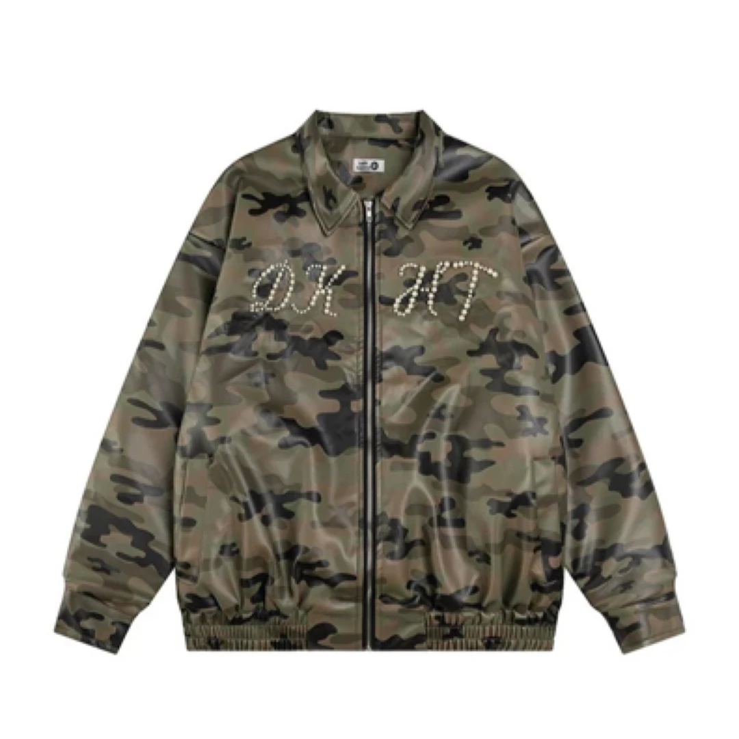 高街潮牌钉珠字母夹棉加厚迷彩pu皮棉服外套男女美式宽松百搭