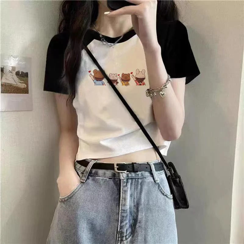 辣妹风短款T恤牛仔短裙女夏季纯棉设计感露脐不规则显瘦修身百搭