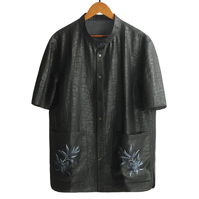 23C693【男款】桑蚕丝龟裂纹香云纱男士短袖上衣刺绣开衫
