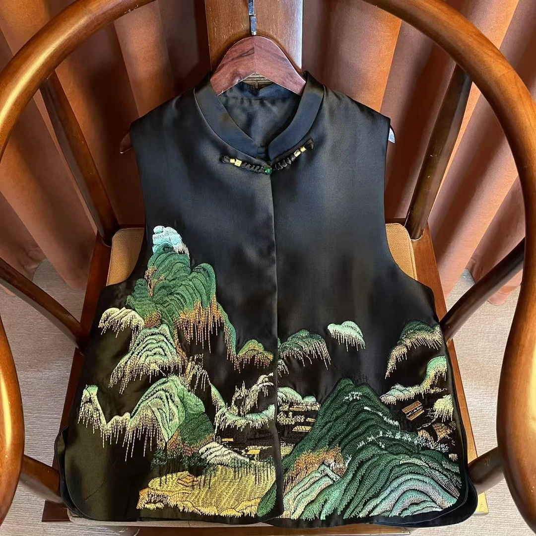 【览山】背心双面外套提花常规款时尚厚款盘扣纯色马夹新中式女装