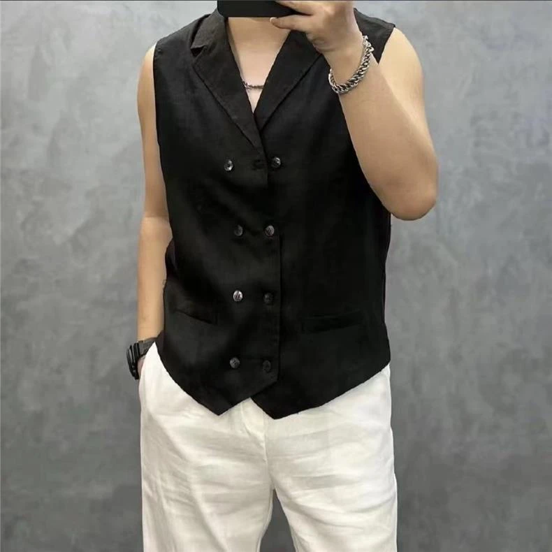 加肥大码300斤设计感双排扣无袖衬衣男女夏季薄款古巴领西装马甲2