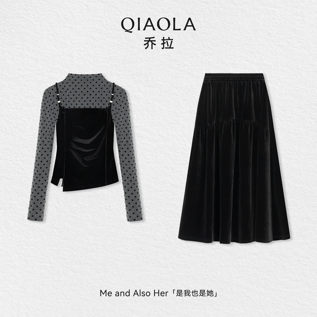 QIAOLA/乔拉【梦之巴黎】秋冬丝绒波点拼接针织假两件上衣A字长裙