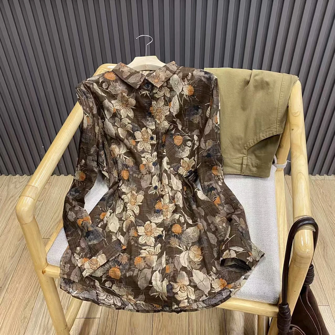 早秋翻领纯棉印花衬衫复古文艺碎花宽松百搭叠穿打底上衣女C1866