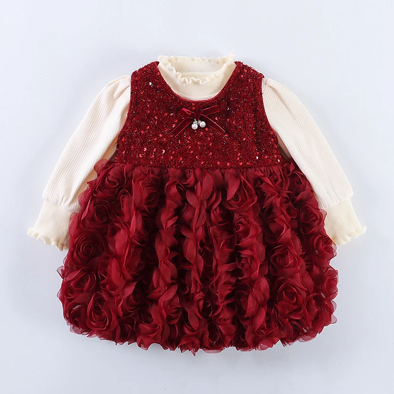女童连衣裙冬装洋气酒红色裙子宝宝公主裙周岁礼服儿童背带裙秋冬