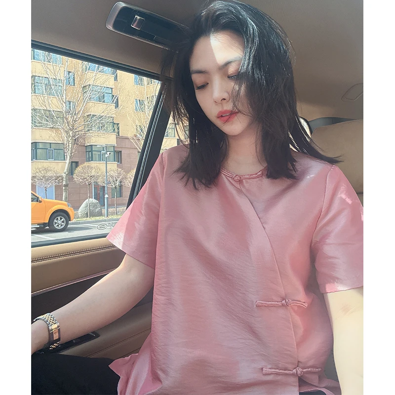 美美国风2025夏装新款圆领盘扣斜襟气质重磅新中式半袖小衫6685