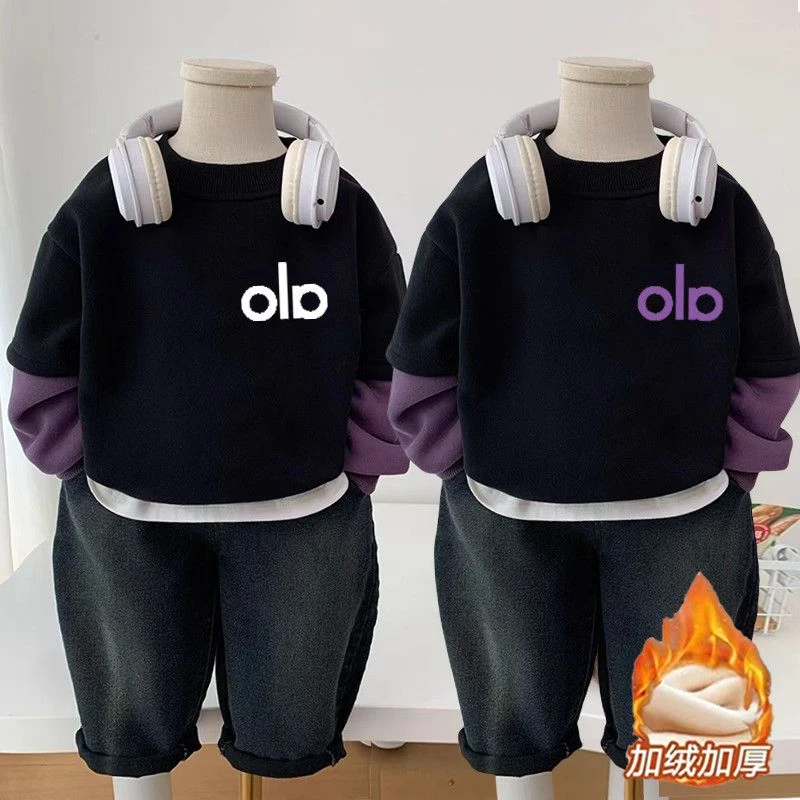 儿童加绒冬装男女宝宝卡通圆领假两件卫衣2024冬季中小童加厚卫衣