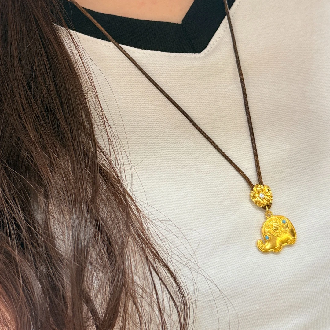 瑞诺黄金炸珠吉象吊坠新款足金999吉祥小象设计项链520礼物送女友