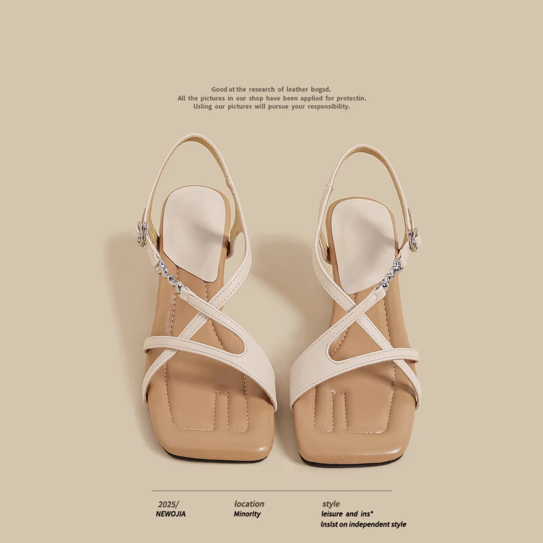 法式真皮手工凉鞋女2025夏季新款露趾方头外穿配裙子高级感罗马鞋