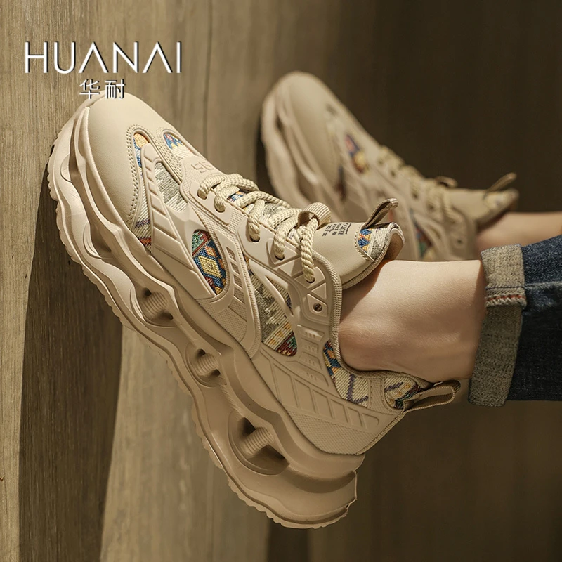 华耐夏季厚底ins刺绣花布透气网面鞋男士运动百搭时尚休闲老爹鞋