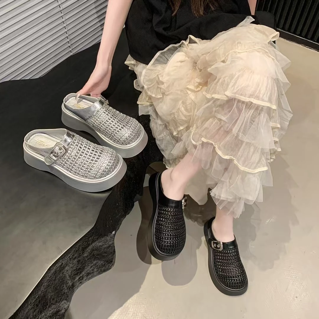 勃肯鞋小个子5cm增高厚底2025夏季新款百搭韩版休闲编织松糕女鞋