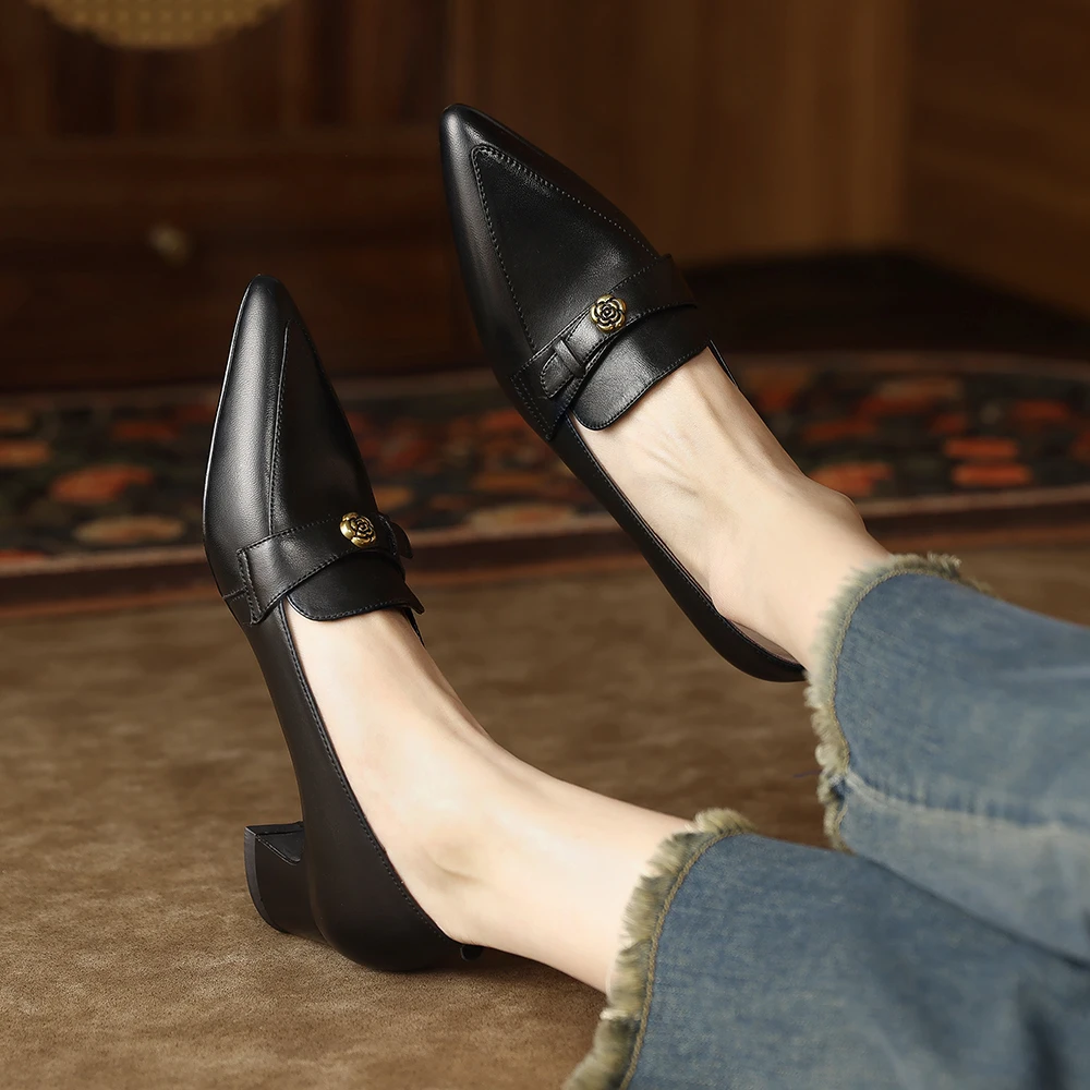 H161-12法式单鞋女春季新款粗跟中跟尖头大码女鞋羊皮