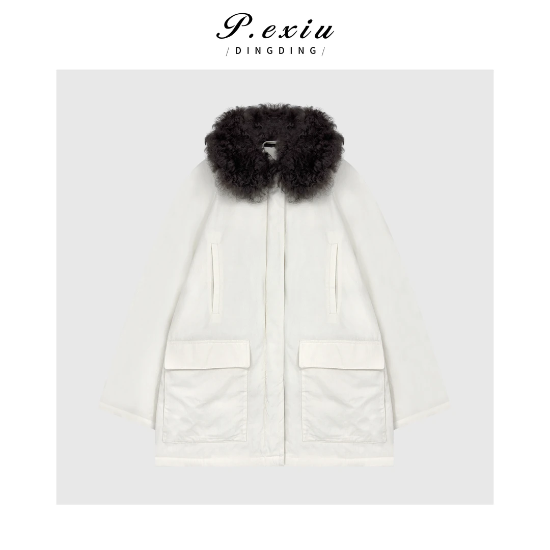 95%白鹅绒羊羔毛领巴恩风中长款鹅绒服 NY240