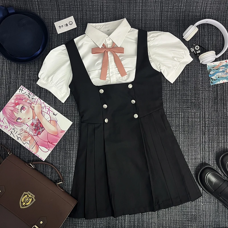 原创JK制服高腰显瘦收腰衬衫日式校供感学院风黑色背心裙现货直发