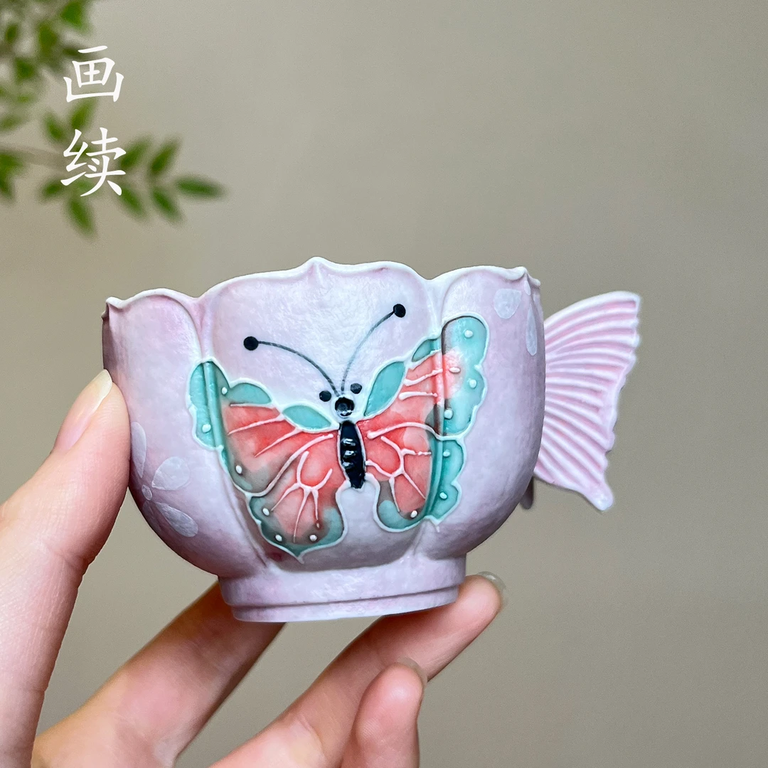 画续手绘蝴蝶茶杯品茗杯新中式复古精致礼盒釉下彩陶瓷茶杯茶具