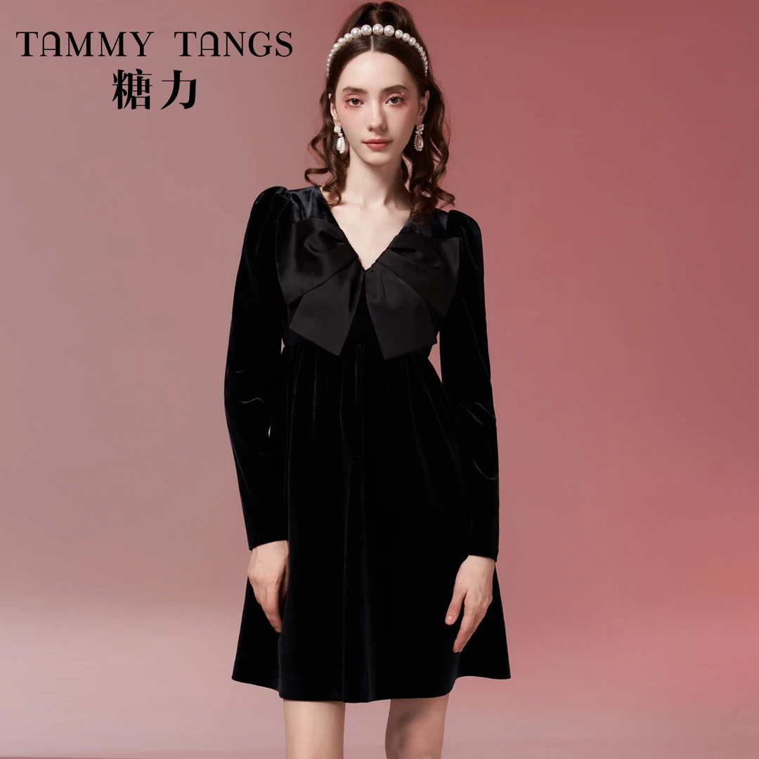 【辛祺专享】糖力 秋冬季黑色长袖设计感蝴蝶结V领丝绒连衣裙女