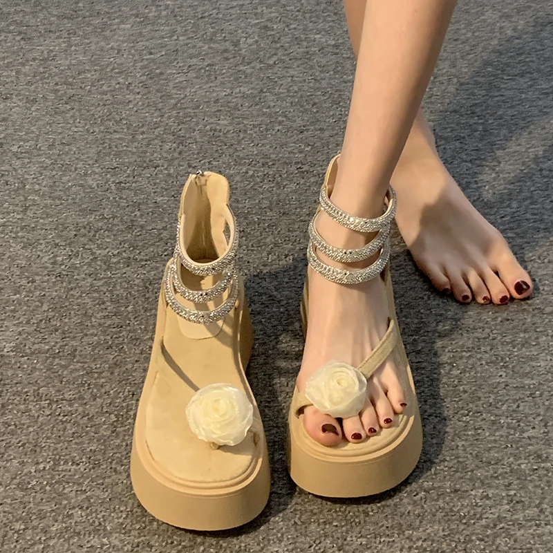 MK&DK凉鞋女款新款夏季绝美时尚花朵仙女风配裙子厚底罗马鞋