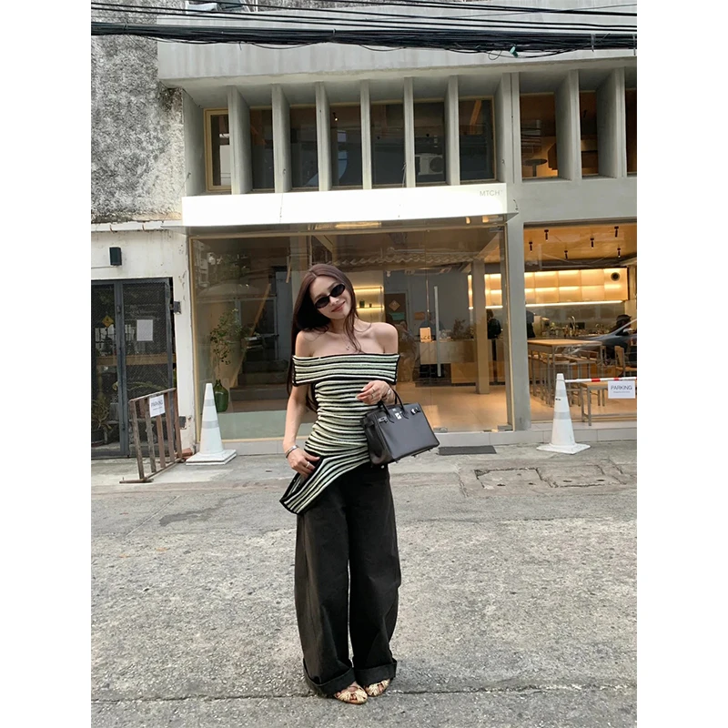 轻熟风纯欲性感针织条纹短袖上衣女高腰显瘦休闲直筒裤休闲短裤子