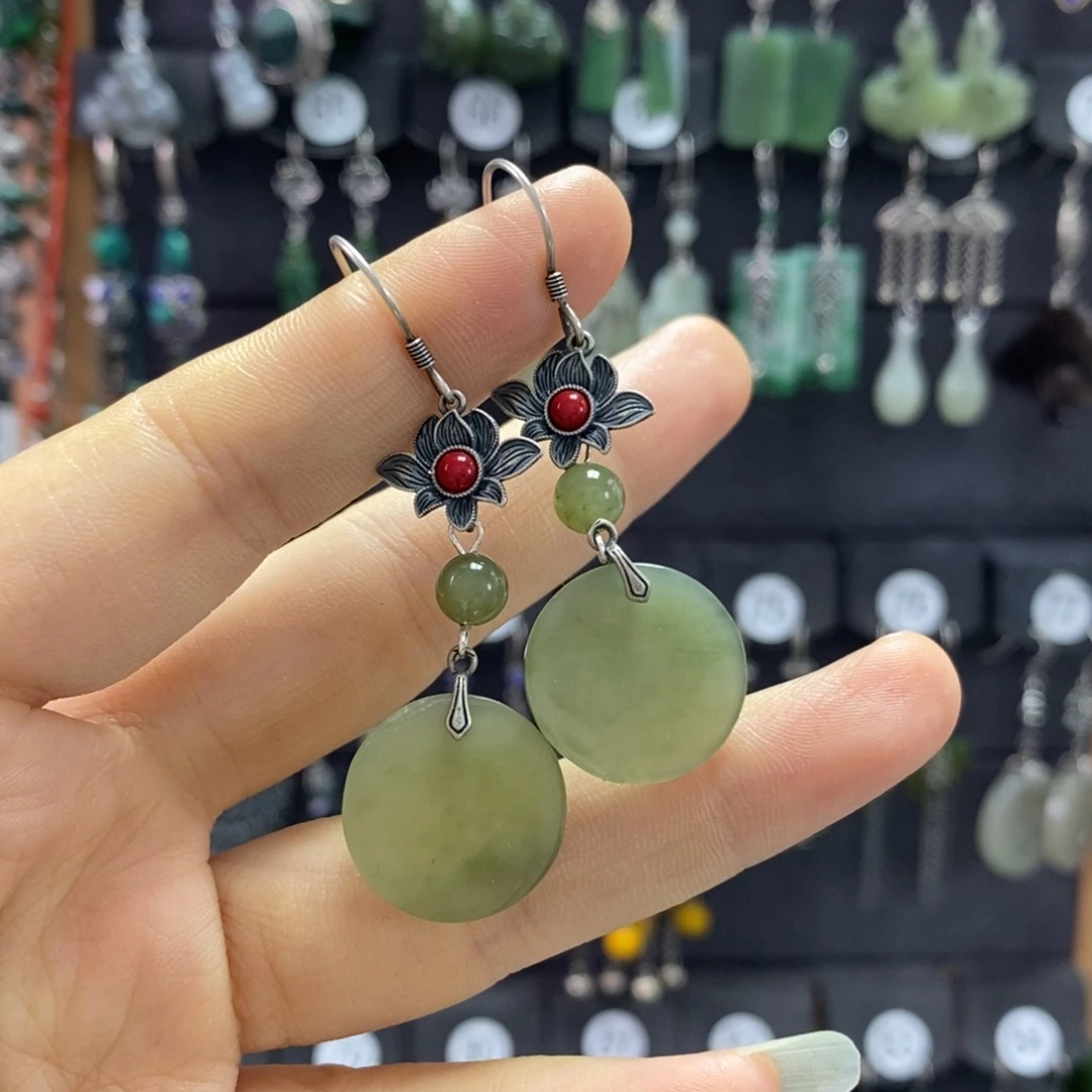 和田玉银S925镶嵌耳饰