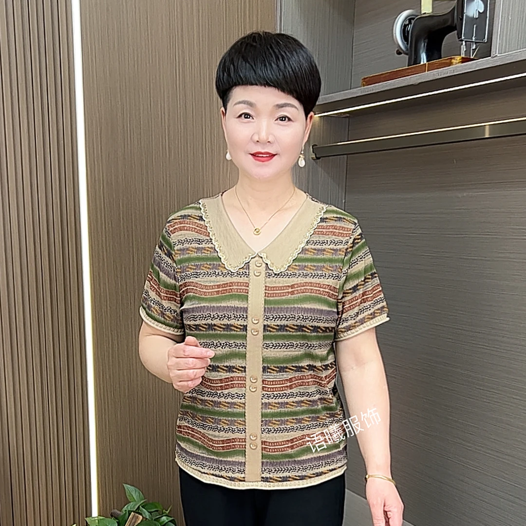 夏季时尚翻领高贵薄款中老年女装休闲风宽松型短袖T恤F25618