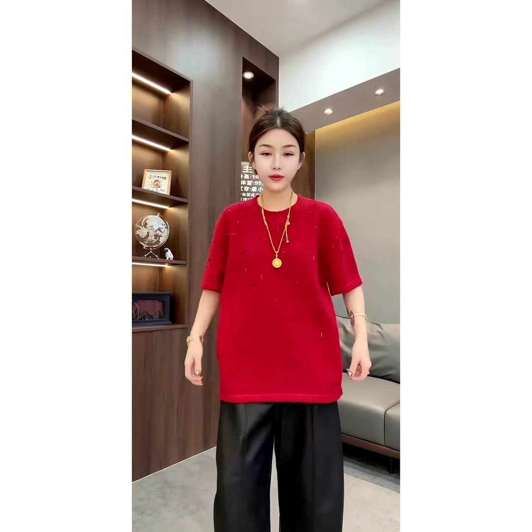 重工方块烫钻圆领短袖毛衣冬季新款宽松洋气套头上衣