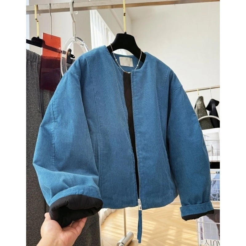 秋冬女韩系高级感巨好看的圆领灯芯绒夹棉短款棉服夹克小棉袄外套