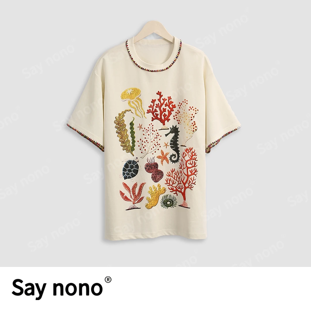 懒猫nono│Saynono 海底世界＿圆领刺绣烫钻短袖T恤/zc9782