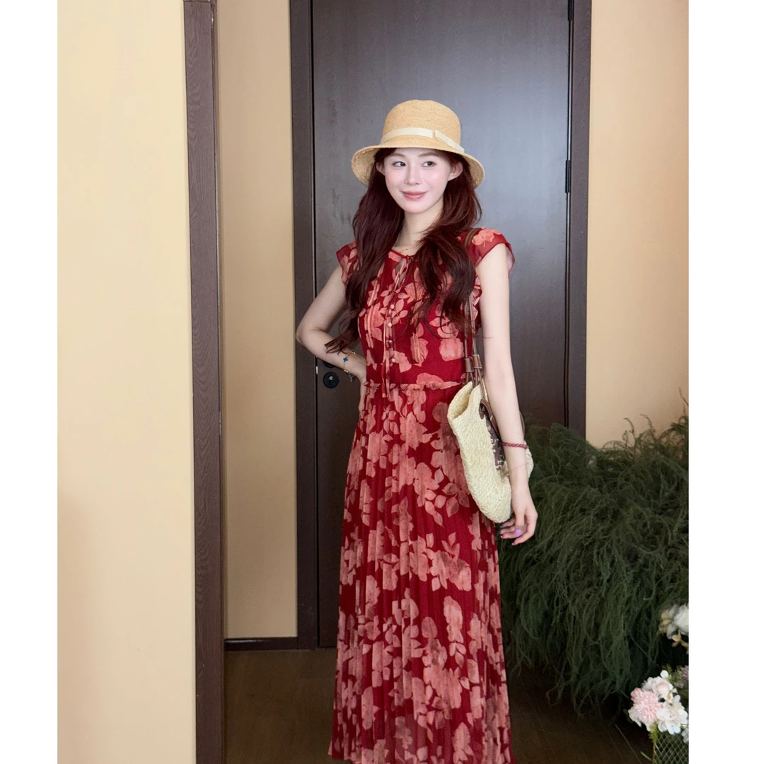 1【微醺野莓】压皱气质休闲花朵美静红色夏季碎花连衣裙XMZH7672