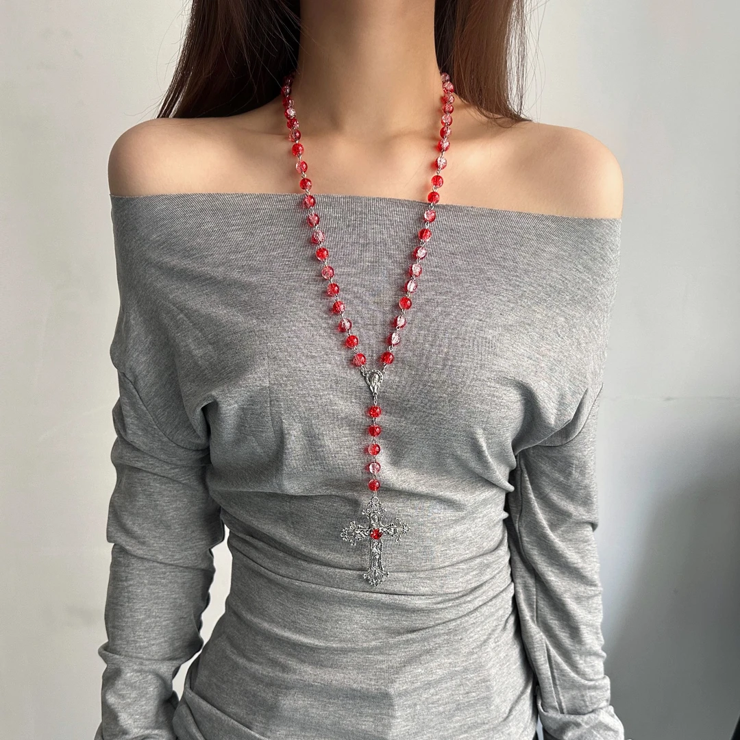 合金亚克力项链 X5250-1时尚暗黑朋克轻奢亚比重工黑色十字架项链