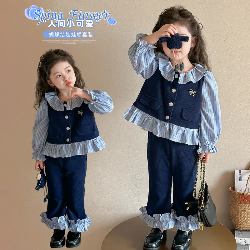 女童装套装韩版春装2025新款洋气时髦春季宝宝学院风花边假两件套