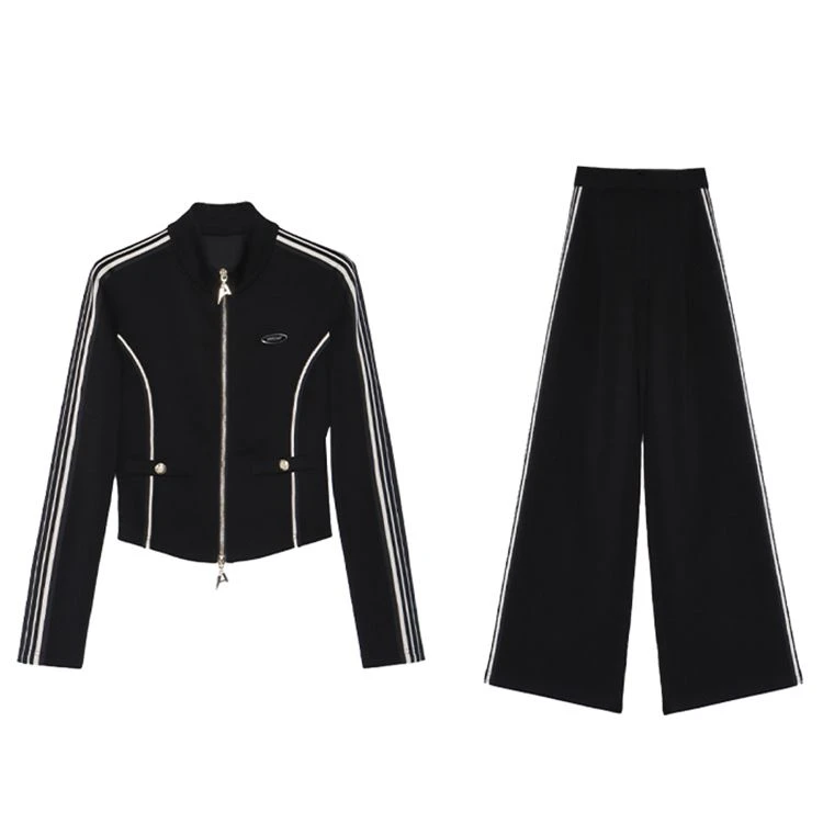 时尚运动风套装女春秋高级感撞色立领外套高腰阔腿长裤两件套#293