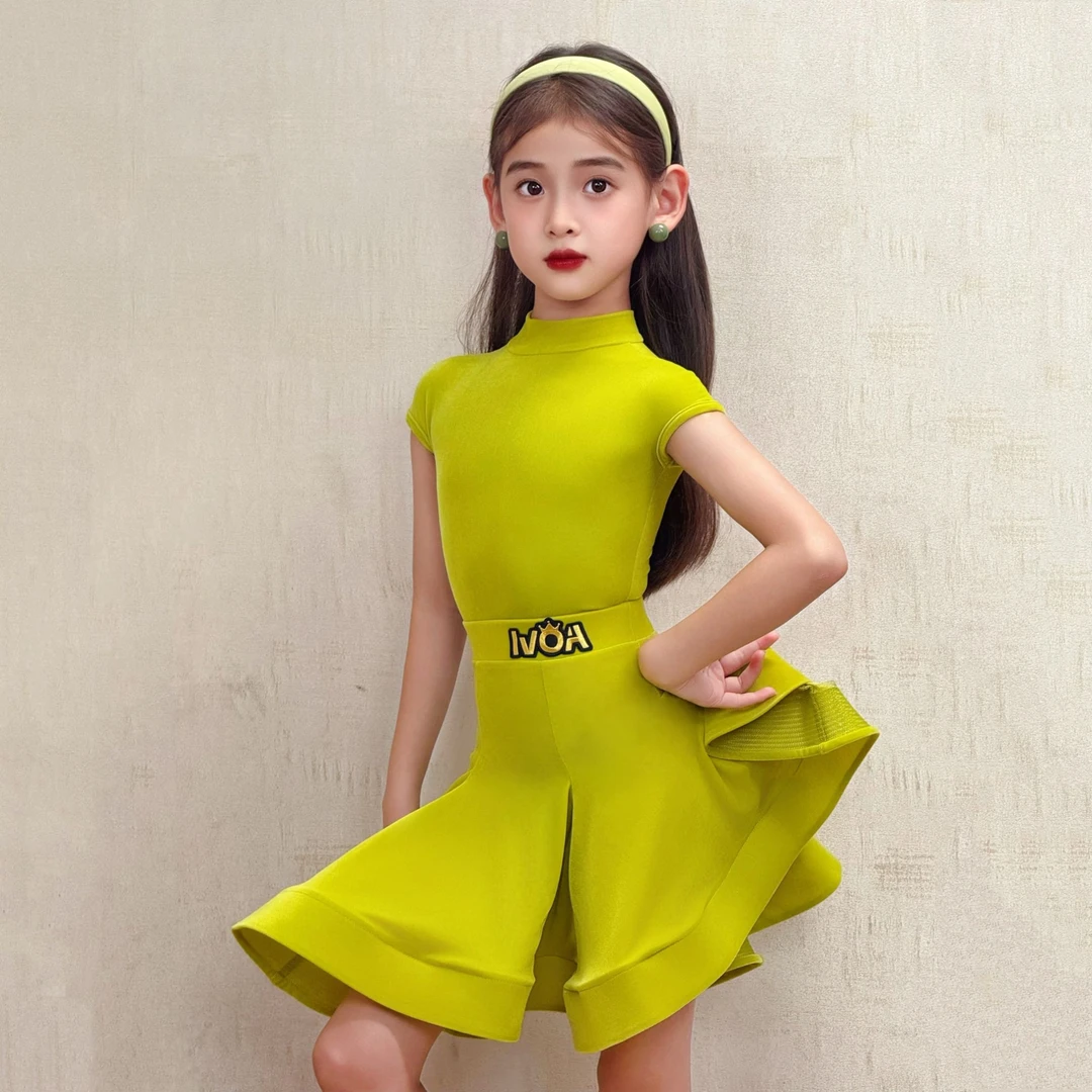 IVOA 拉丁比赛规定服云感丝绒柠檬绿高级分体两件套大裙摆赛服