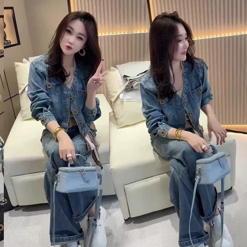 潮流复古时尚休闲牛仔套装女春秋新款韩版短外套阔腿裤洋气两件套