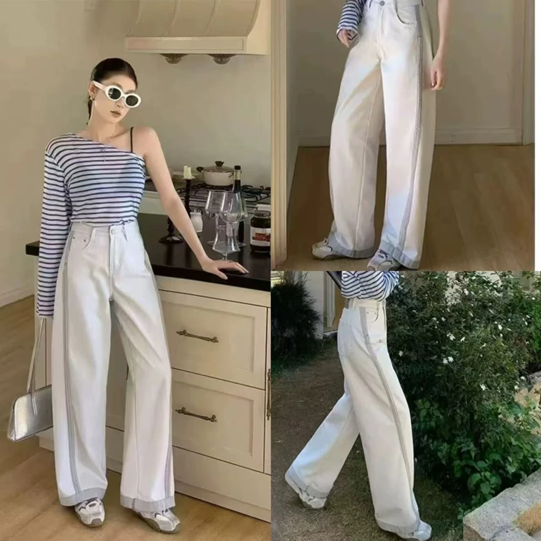 玲家精选26022款号米灰色牛仔弯刀裤