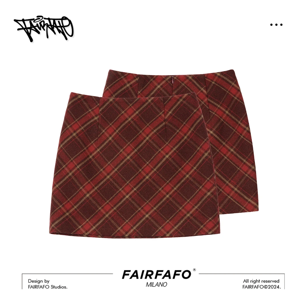 FAIRFAFO林肉肉【岁安毛呢格子半身裙】QZBL51076复古红色格纹短裙