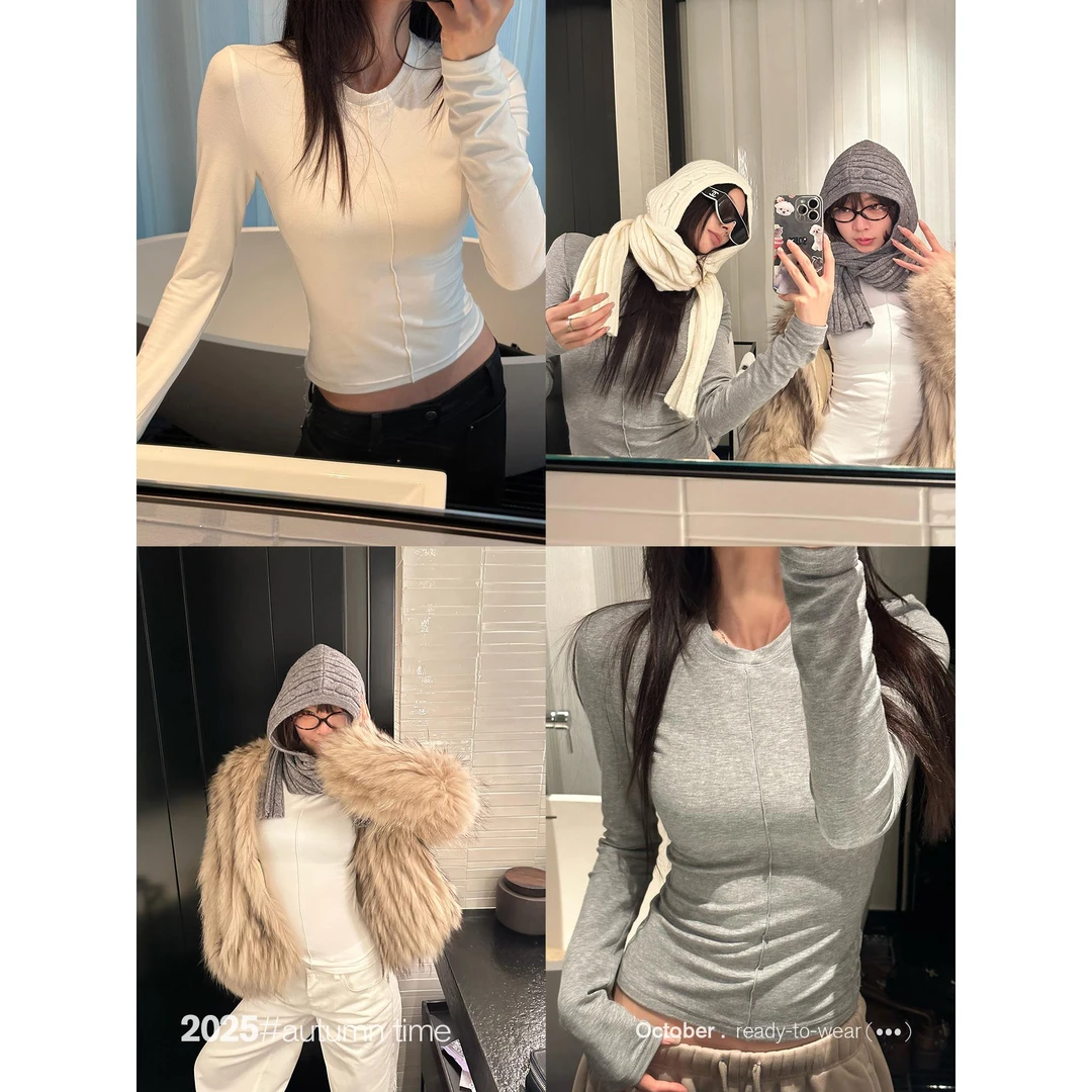 轻奢网红款圆领立体线修身内搭打底T恤女秋冬季长袖套头针织上衣