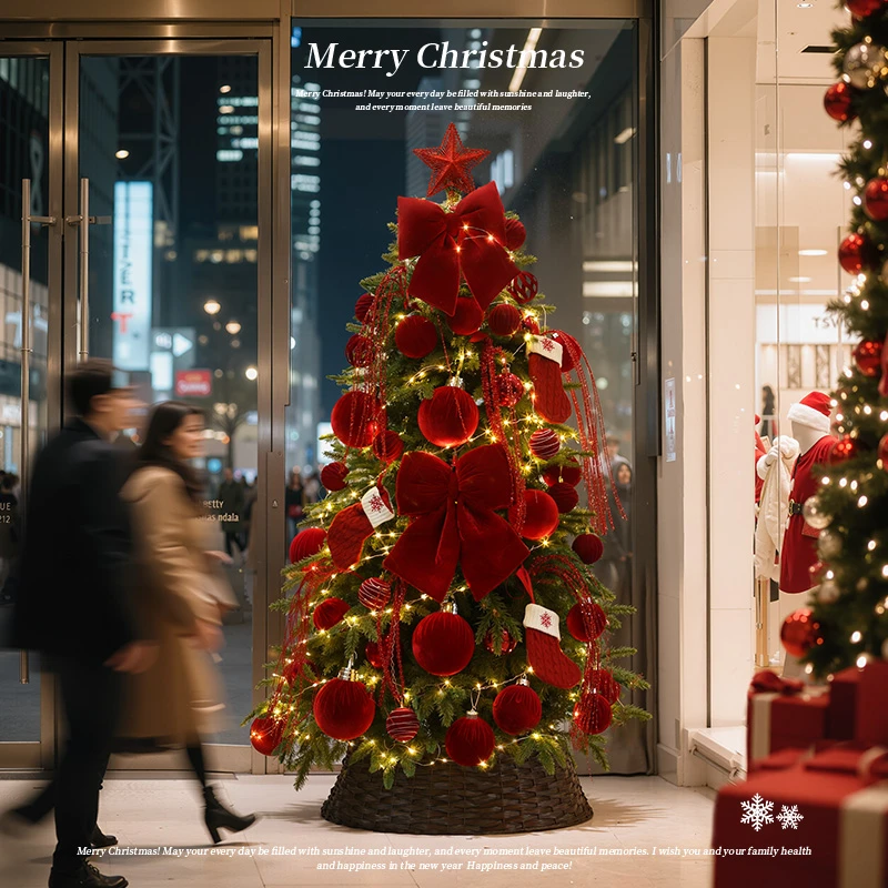 圣诞节装饰1.5米1.8高档红色蝴蝶结圣诞树套餐圣诞家用高级感摆件