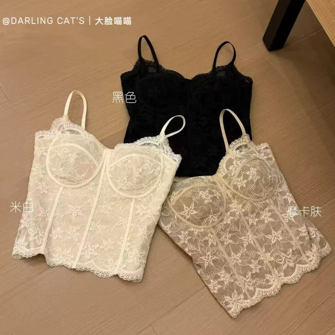 【大脸喵喵"实拍】缪斯魅影 带胸垫精致性感蕾丝吊带背心内搭打底