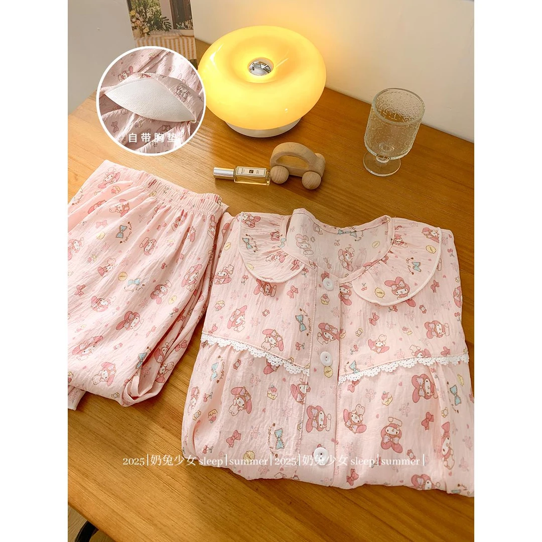 云朵棉粉色美乐蒂睡衣女款春装带胸垫长袖开衫甜美风娃娃领家居服