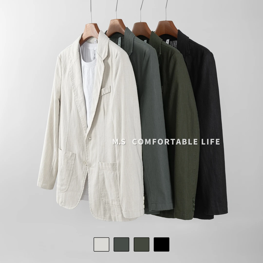 麻尚生活秋季苎麻西装老钱风宽松外套男新款棉麻后中开叉西服上衣
