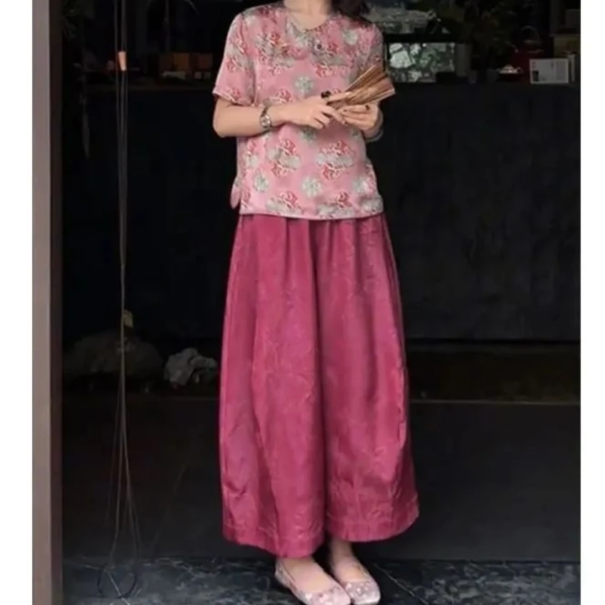 夏季新中式百搭气质短袖上衣女高腰纯色阔腿裤套装