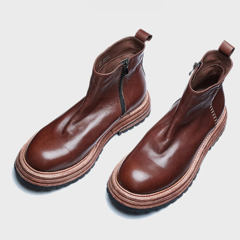 英伦复古马皮切尔西靴男士真皮厚底一脚蹬防滑耐磨圆头一脚蹬短靴
