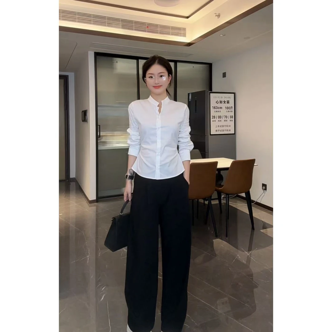 2025秋季新款时尚套装女长袖白色衬衫+宽松阔腿裤休闲两件套