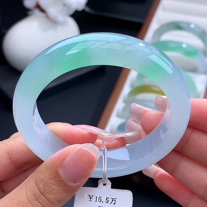 未镶嵌手镯翡翠53正圈冰胶金丝绿