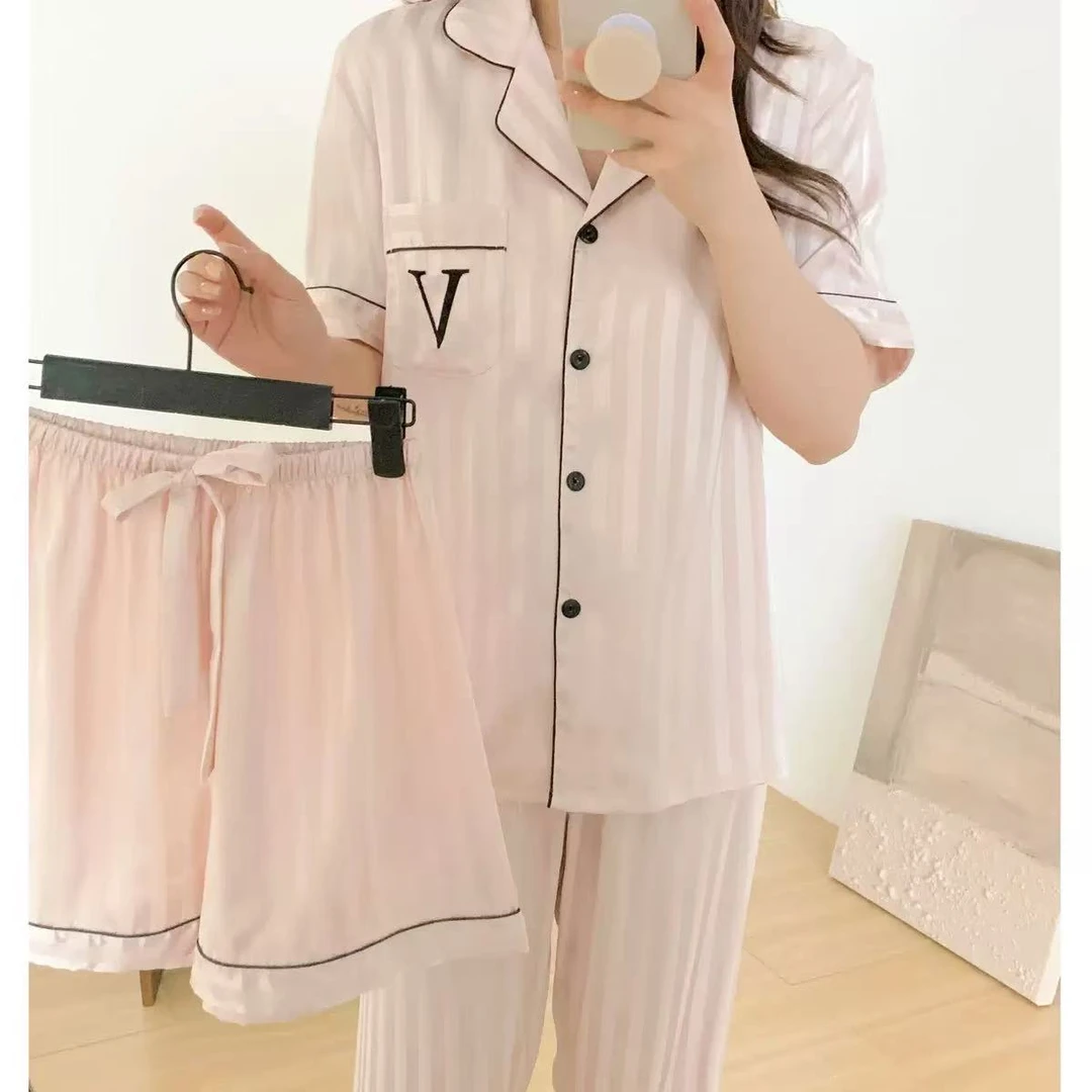 LULU 月光绸缎V刺绣条纹三件套家居服套装1439#