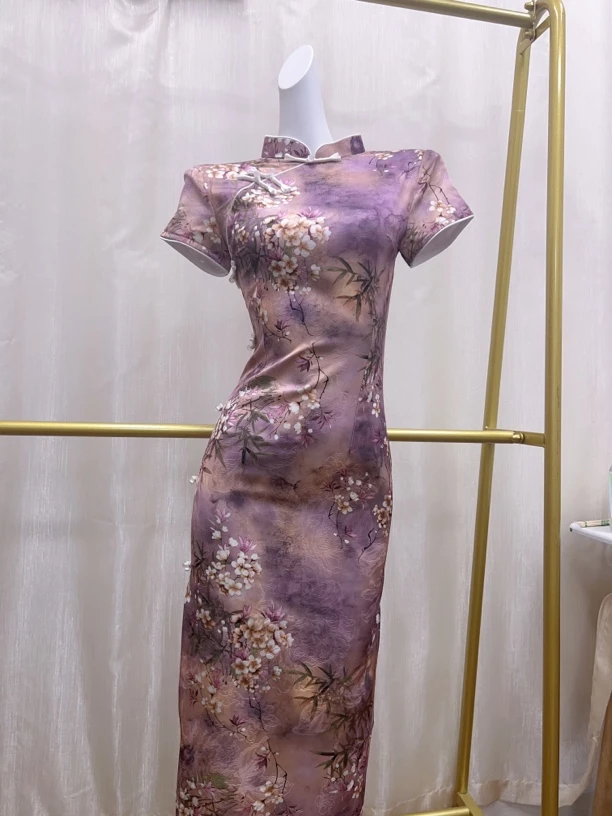 V-3152 风吟紫语 软锦提花 新中式 夏款年轻款改良旗袍120cm长款