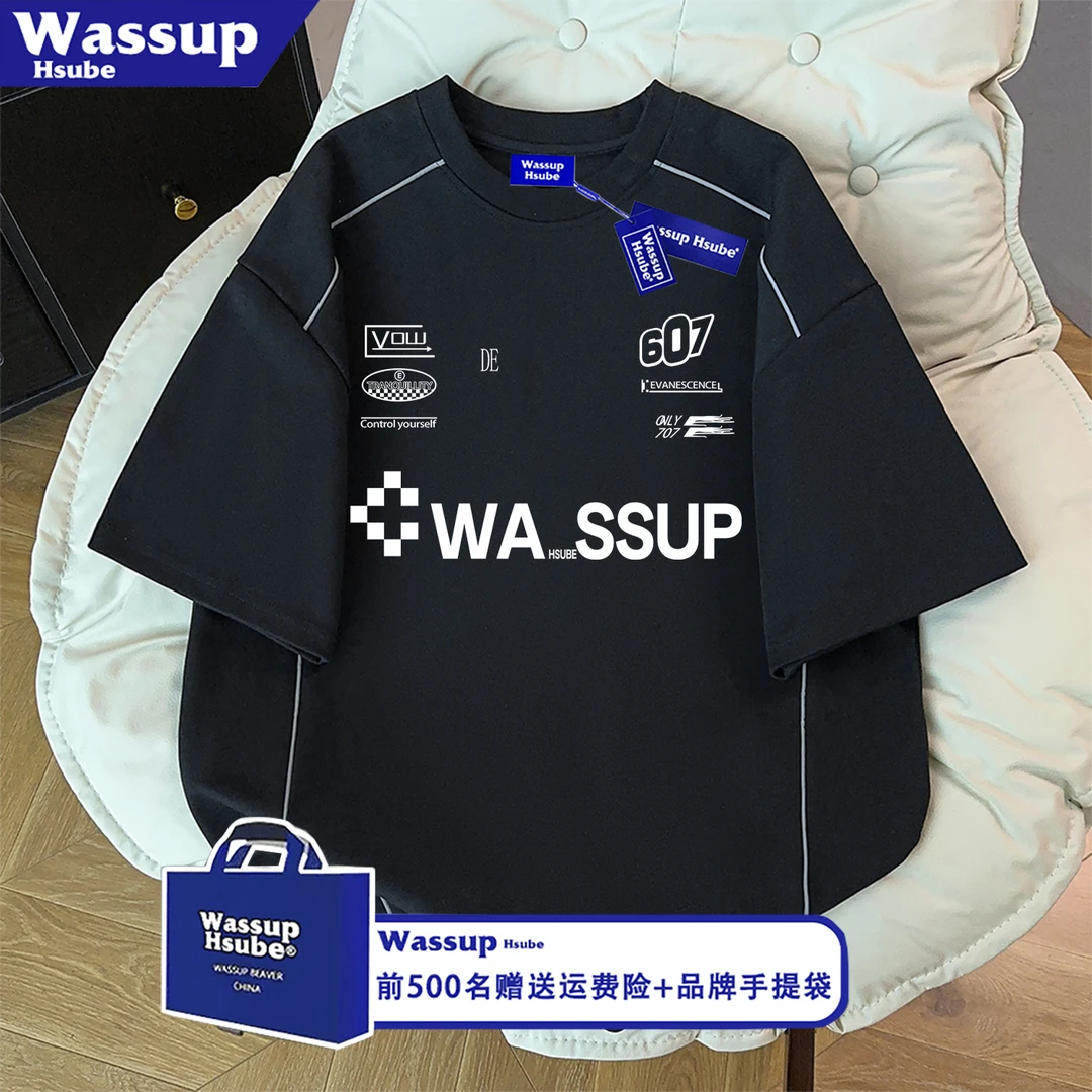 WASSUP HSUBE机车风字母印花拼接纯棉短袖T恤男女美式百搭半袖ins