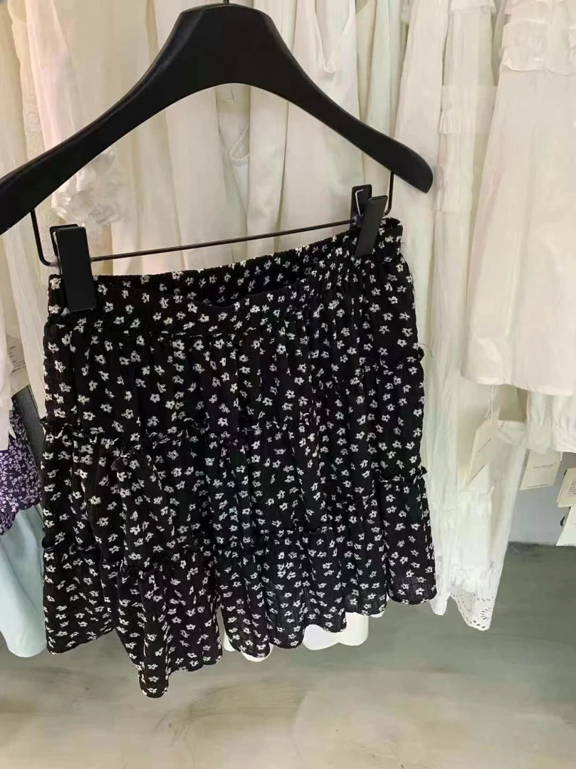 黑色碎花高腰显瘦半身裙甜美风蛋糕裙短裙夏季